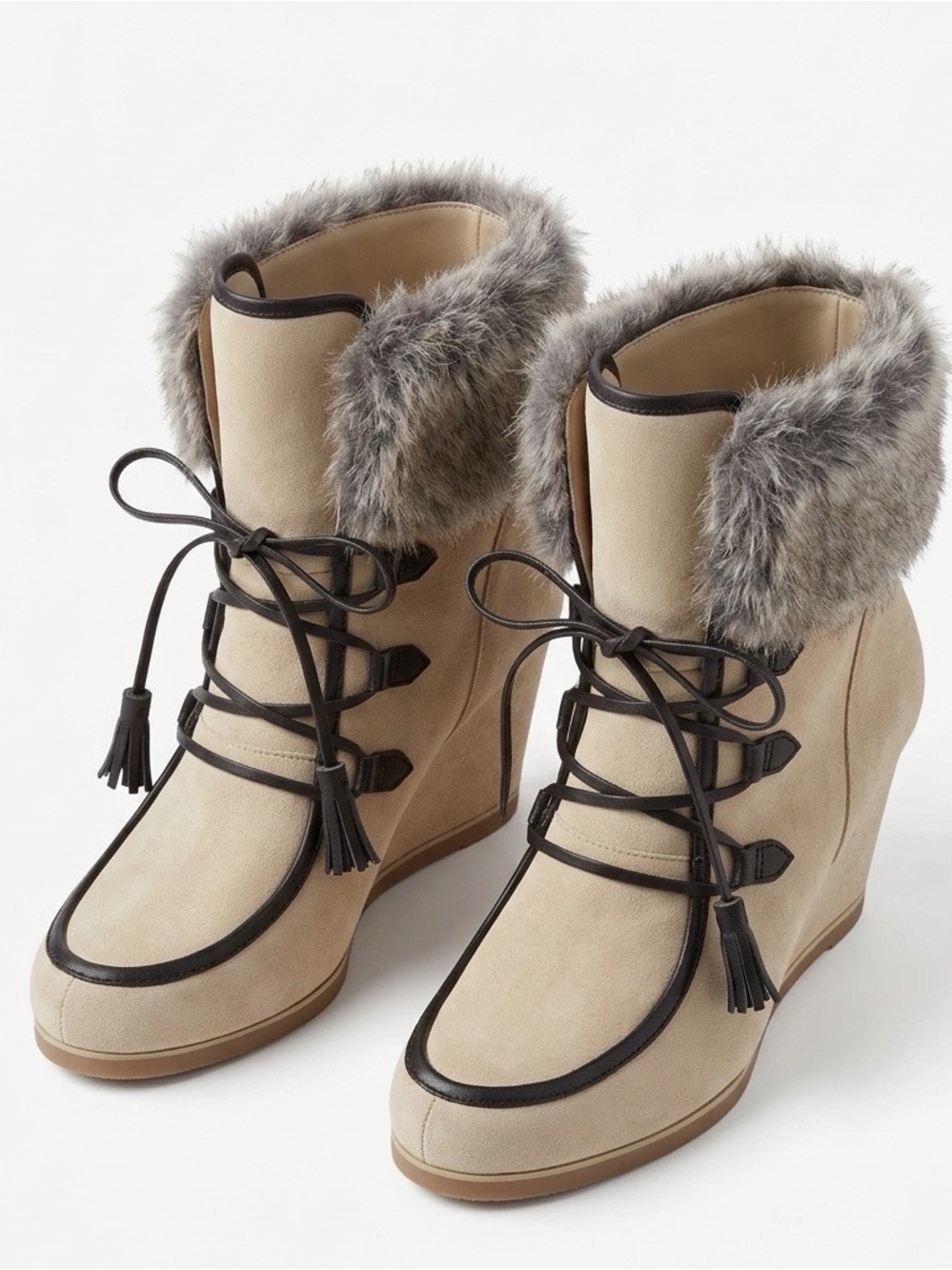 Cecelia New York North Star Faux Fur Cuff Suede Wedge Boots Cream Beige - Size 9